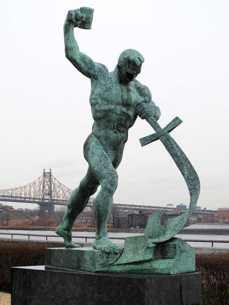 Let Us Beat Swords into Plowshares, sculpture by Yevgeny Vuchetich - 1959 gift of the Soviet Union to the United Nations - Garden of the United Nations Headquarters in New York City (USA)